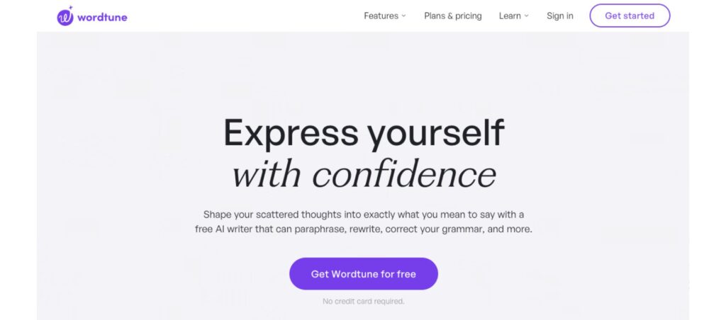 One of the Grammarly alternatives, Wordtune AI writing tool homepage, offering features to paraphrase, rewrite, and correct grammar.