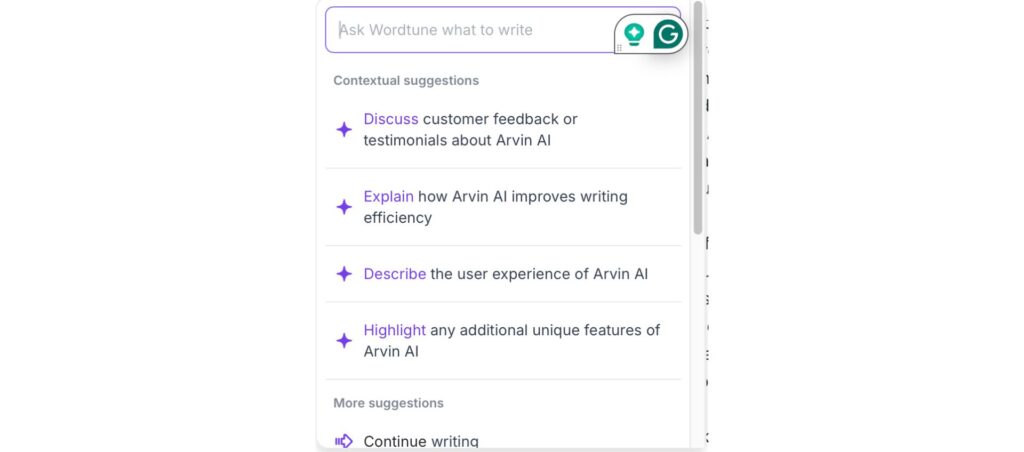 As one of the Grammarly alternatives, Wordtune contextual suggestions feature offering writing ideas to improve content.