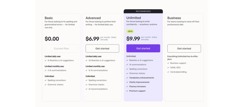 One of the Grammarly alternatives, Wordtune pricing plans including Basic, Advanced, Unlimited, and Business options.