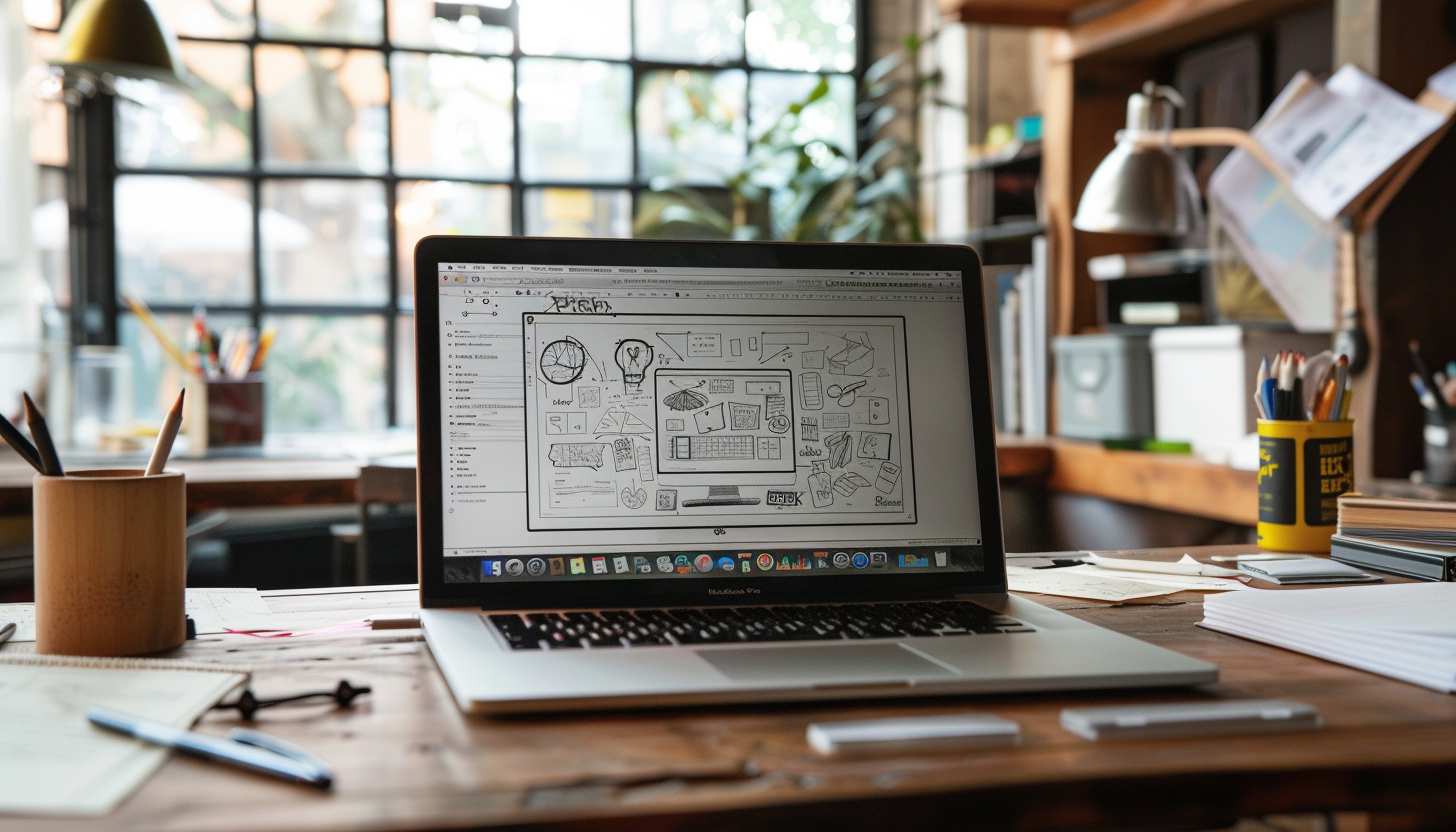 A modern workspace featuring a laptop displaying a design tool, surrounded by minimalistic branding sketches and neatly arranged stationery, conveying a professional yet creative branding process.