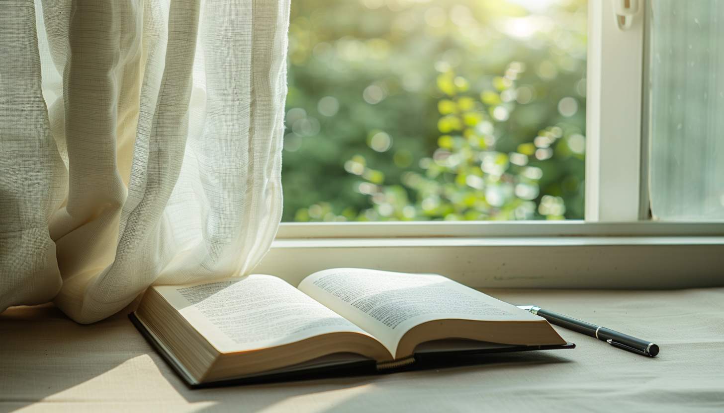 Minimalist desk scene with an open book and pen under soft natural light, symbolizing studying grammar and prepositions.