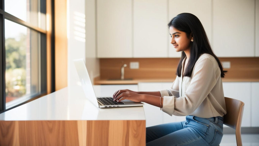 A student sitting at a desk typing an essay on her computer