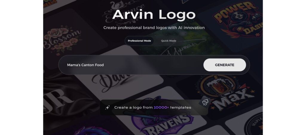 Arvin AI Logo Maker Professional: This is the professional style of the logo maker, with the quick style available.