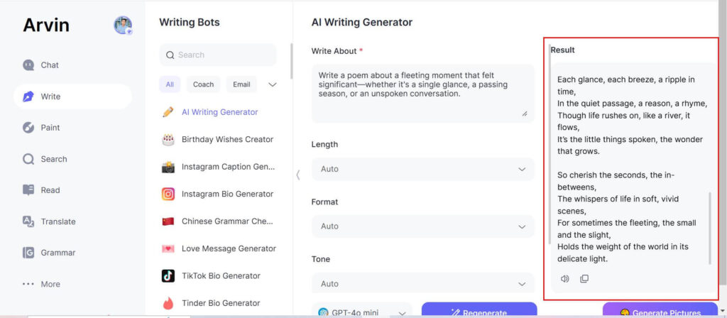 Arvin AI give suggestions to make writing better