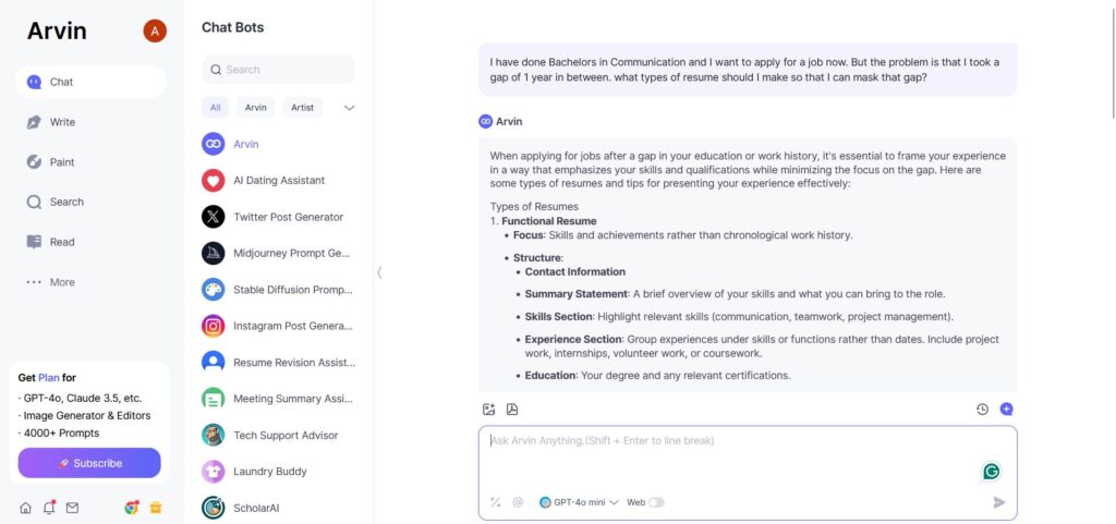 Arvin AI makes a resume for you
