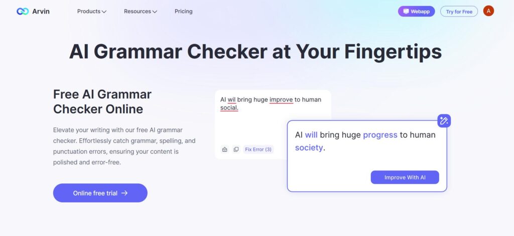 Arvin AI’s Grammar Checker proofread your resume