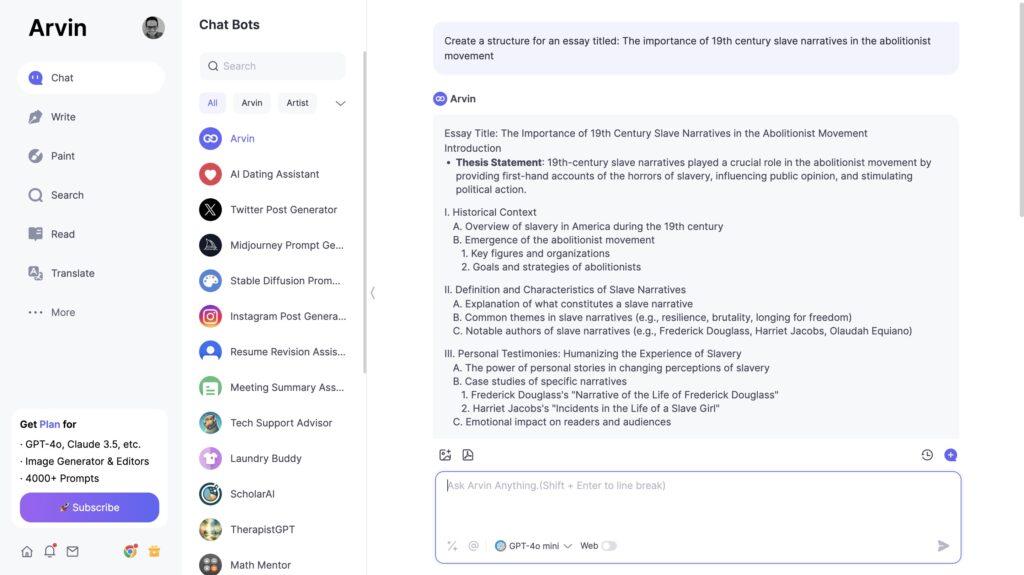 Using Arvin AI to start an essay about slave narratives