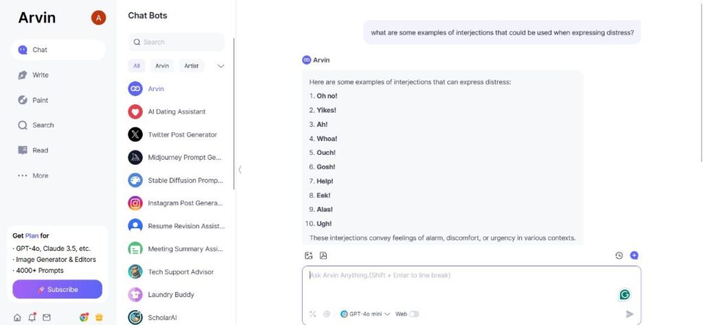 arvin ai helping wit examples of interjection