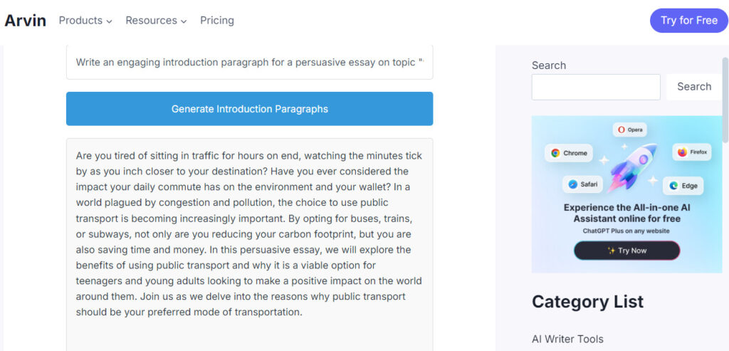 Arvin AI assisting in writing intro for persuasive essay outline