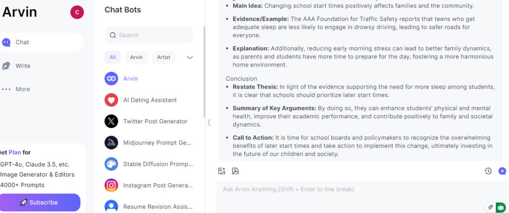 arvin ai showing persuasive essay outline results