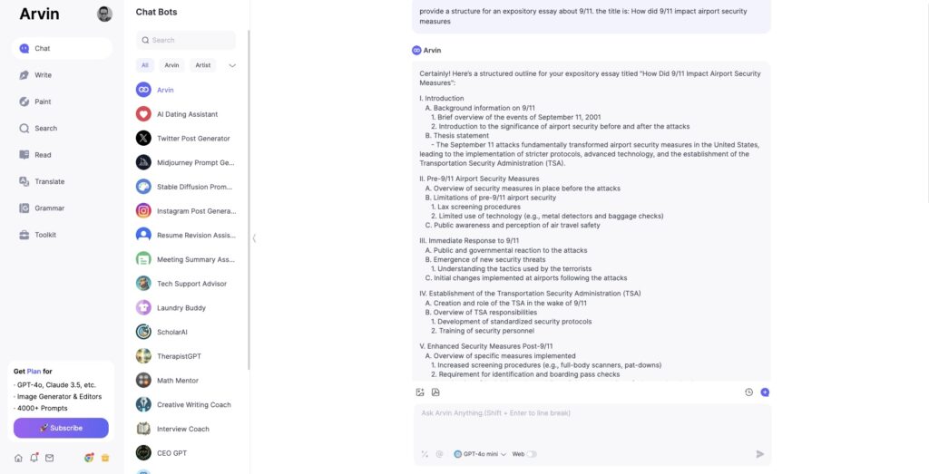 Arvin AI generating a structure for an expository essay about 9/11 and airport security