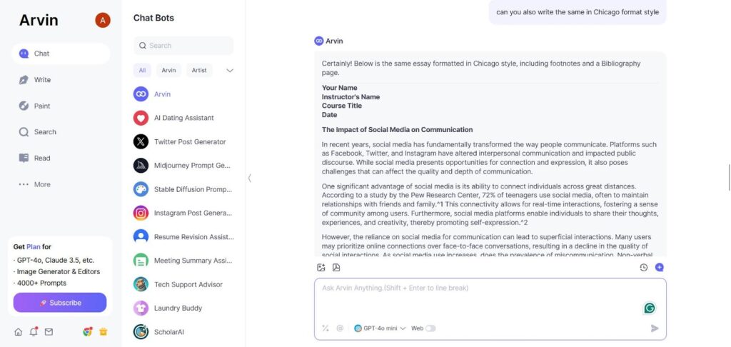 arvin ai showing How To Format An Essay in chicago
