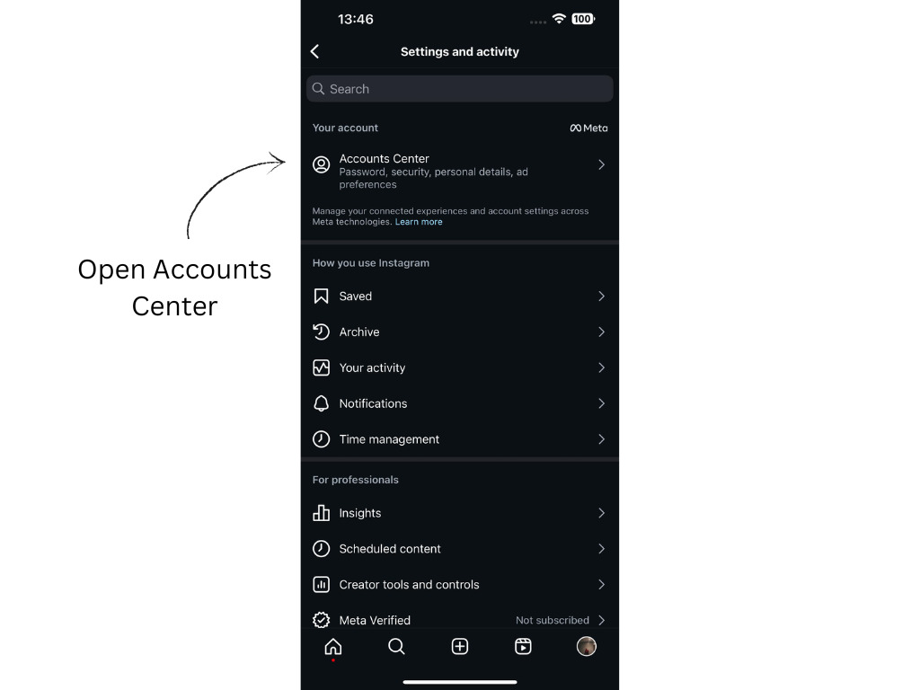 Open Account Center to Change Email Address On Instagram