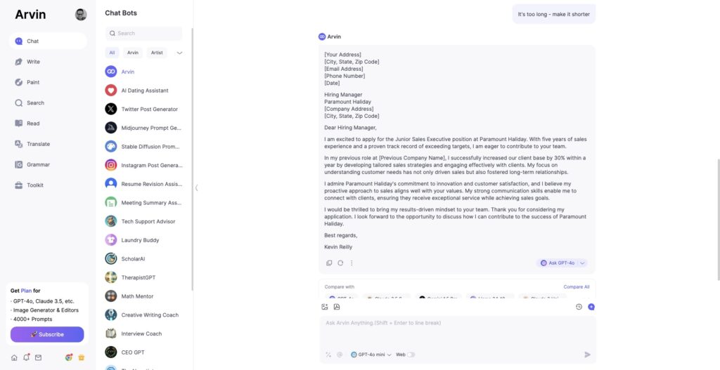 Example of an AI generated cover letter for a job