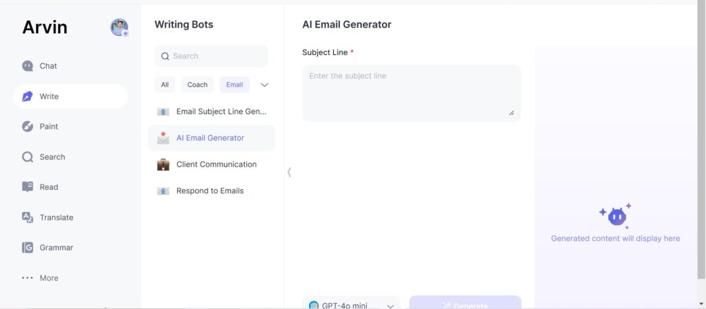 select email generator arvin ai