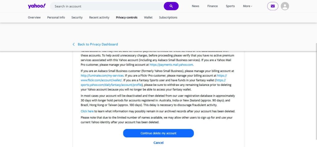 navigate to yahoo termination page