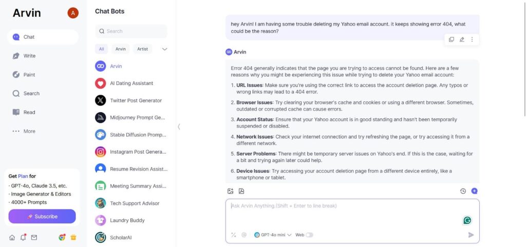 arvin ai assisting in "How To Delete Yahoo Email Account?"