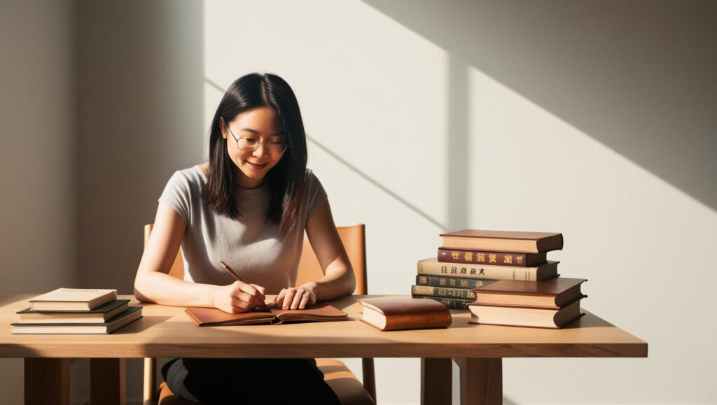 A female writer at her desk working on a narrative essay