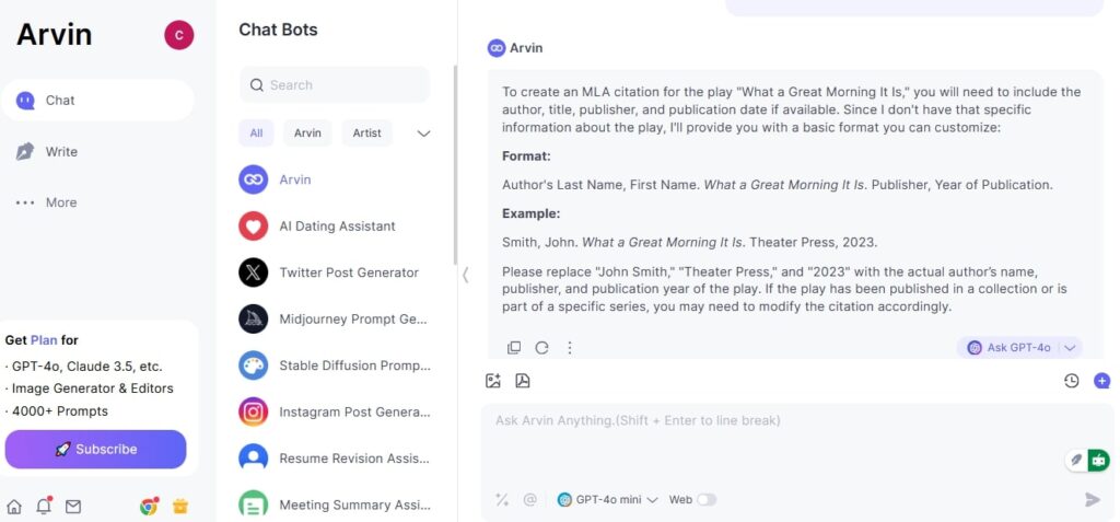 arvin ai assisting in how to cite a play