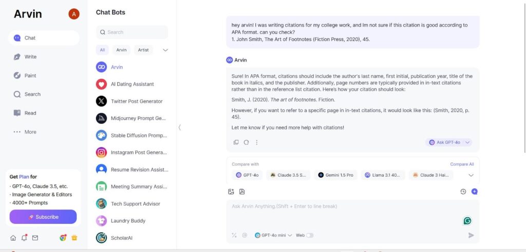 arvin ai assistance in how to write footnotes