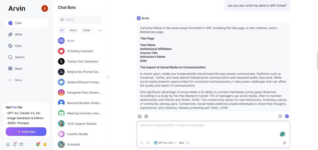 arvin ai chatbot assisting in How To Format An Essay in APA