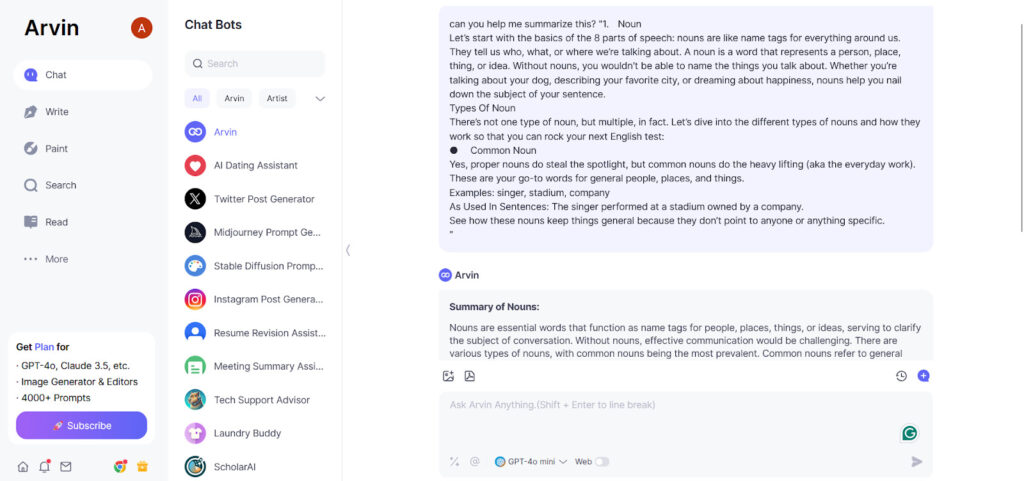Arvin.ai assisting in summarizing an article