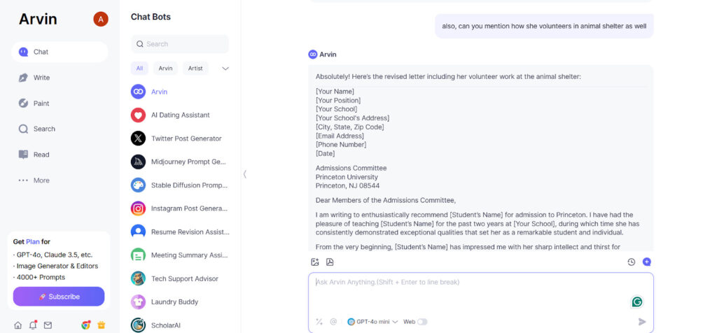 Arvin ai assistance in How To Write A Letter Of Recommendation 