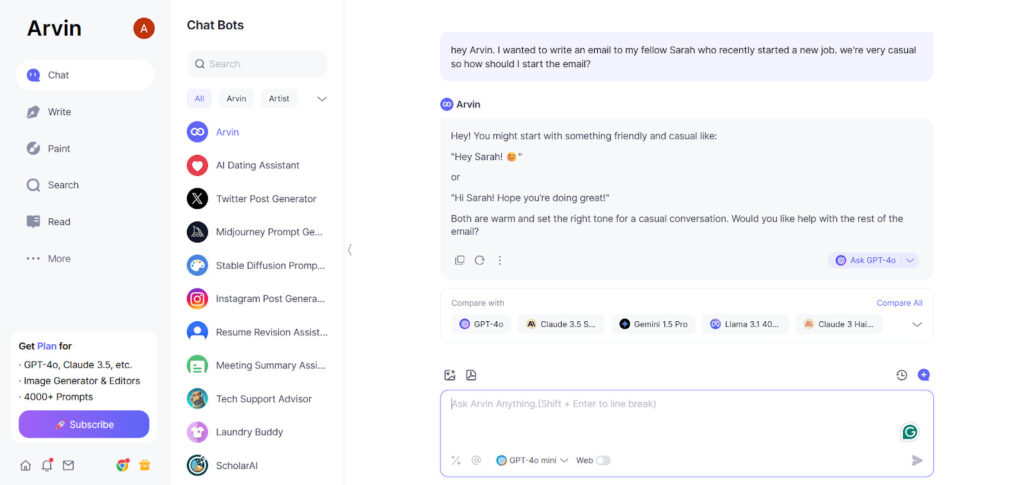 arvin ai chatbot assisting in how to start an email