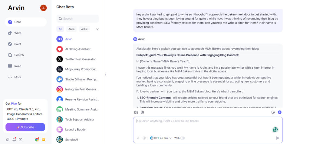 get paid to write using Arvin ai chatbot assisting in writing 