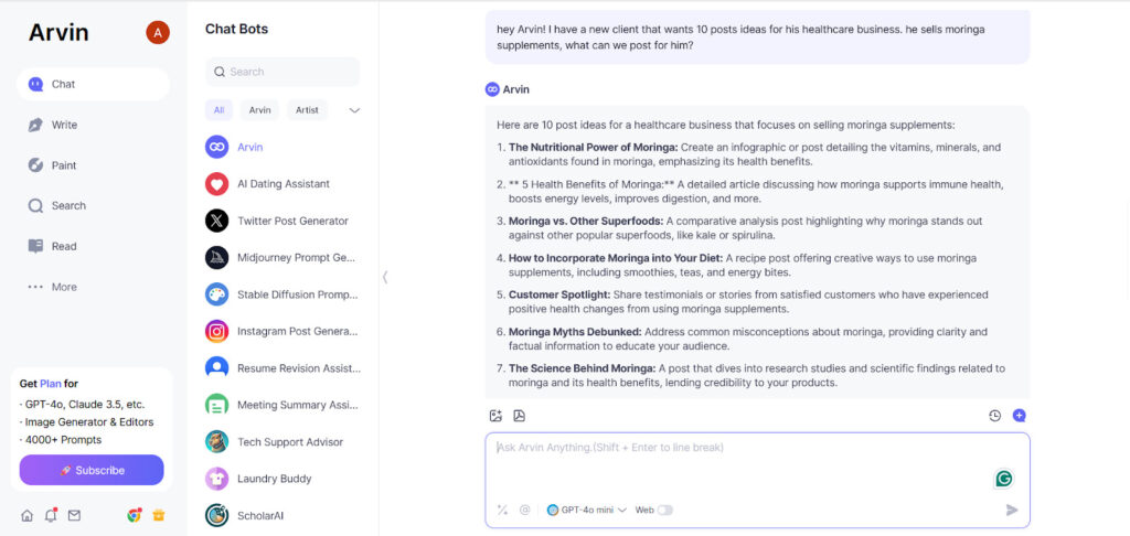 arvin ai chatbot assisting in writing 