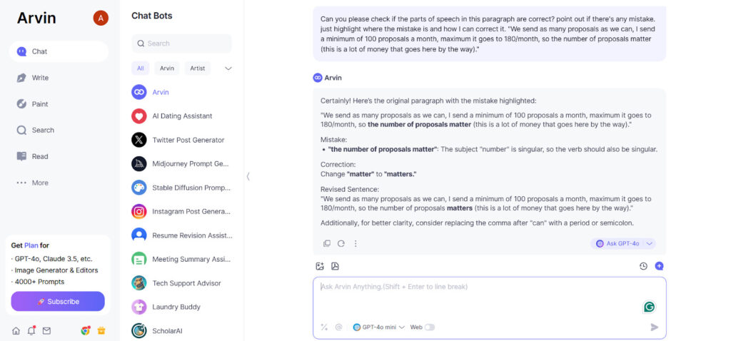 Writing a perfect paragraph with eight Parts of Speech using Arvin AI