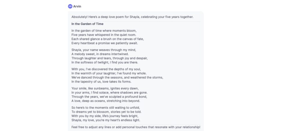 Example of a love poem generated by Arvin AI, titled 'In the Garden of Time,' celebrating a five-year relationship.