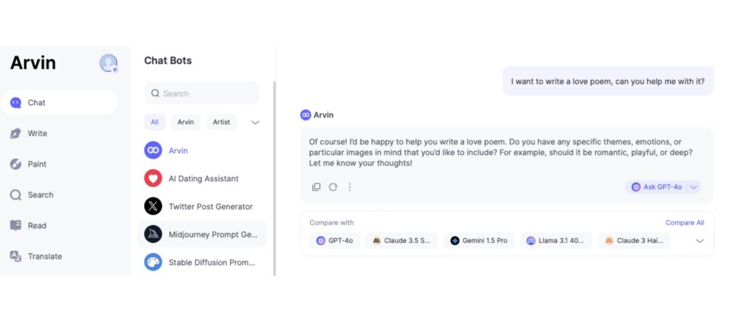 Arvin AI chat interface showing assistance in writing a customized love poem based on user input.