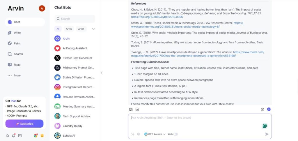 arvin ai chatbot showing references