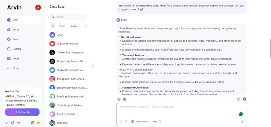 arvin ai assisting in how to write a compare and contrast essay
