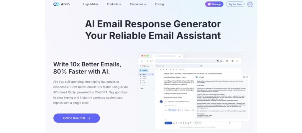 Arvin AI Email Response Generator overview, showcasing features like faster email writing and customized replies powered by AI.