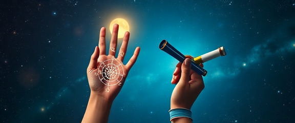 A hand with astrological symbols on its palm holds a telescope, against a backdrop of a bright moon and starry sky.