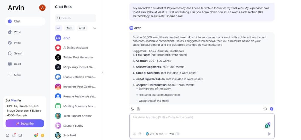 arvin ai assisting in findinng how long is a thesis