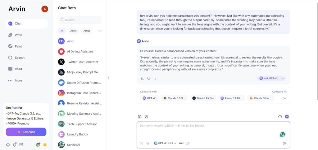 arvin ai chatbot helping in how to paraphrase