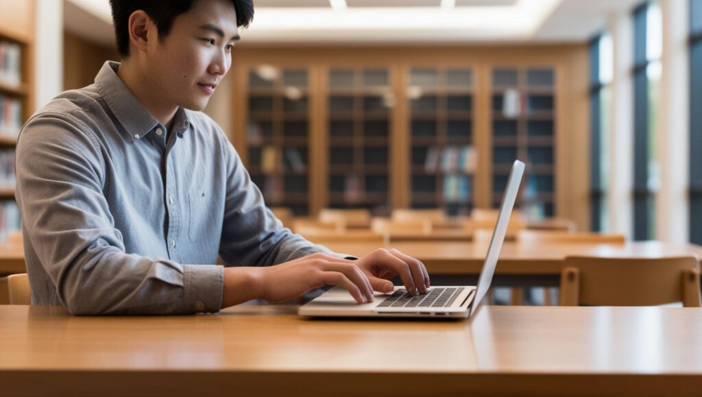 A college student typing on his laptop in the library