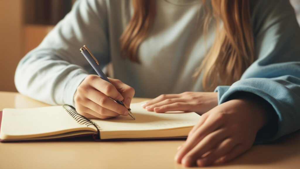 A student writing in her notebook while working on the structure of an essay