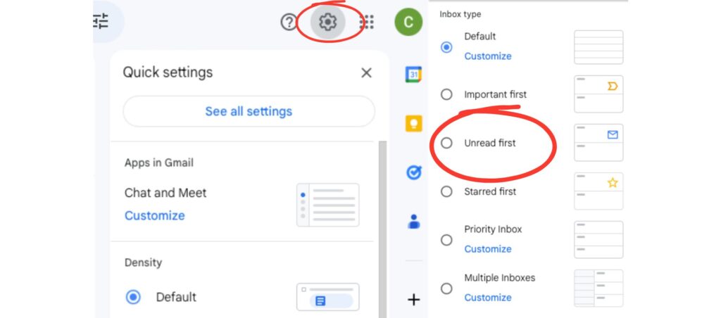 Gmail quick settings menu with the 'Unread First' inbox type option highlighted for prioritizing unread emails.