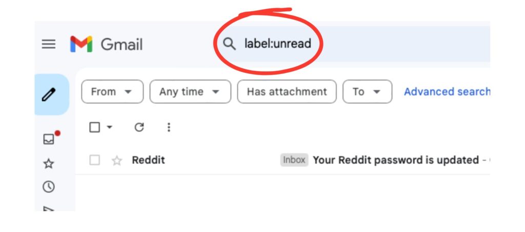 Gmail interface showing the 'label:unread' search command to filter unread emails by labels.