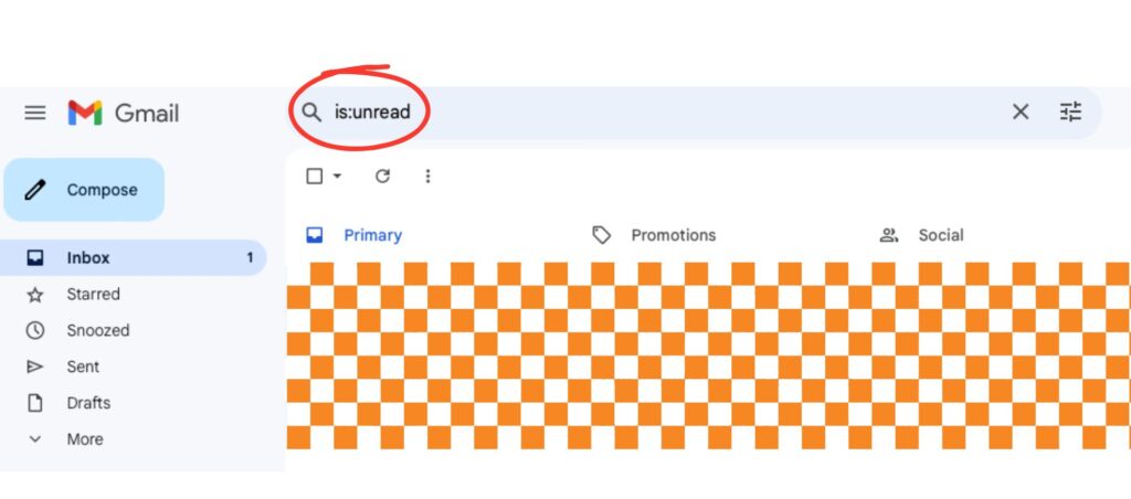 Gmail inbox showing the use of the 'is:unread' search command to locate unread emails.