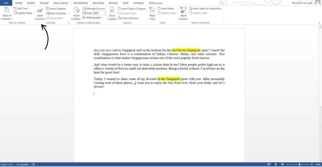 an image describing how to write footnotes on word