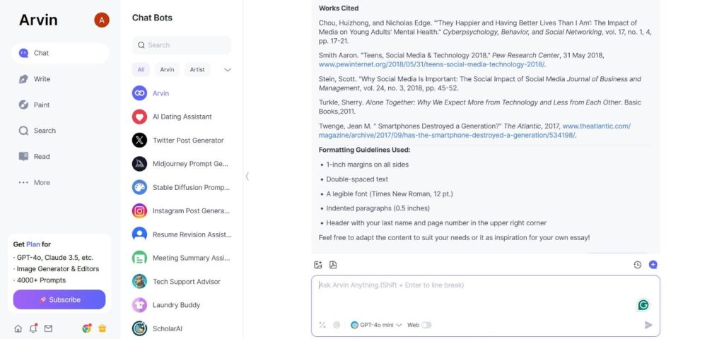 arvin ai showing work cited