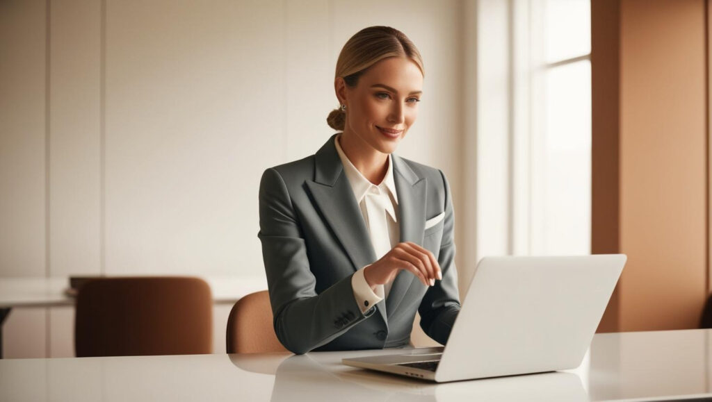 A woman following a formal email format to send an email 