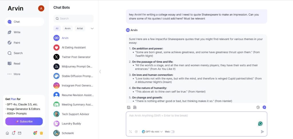 Arvin Ai assisting in how to quote shakespeare