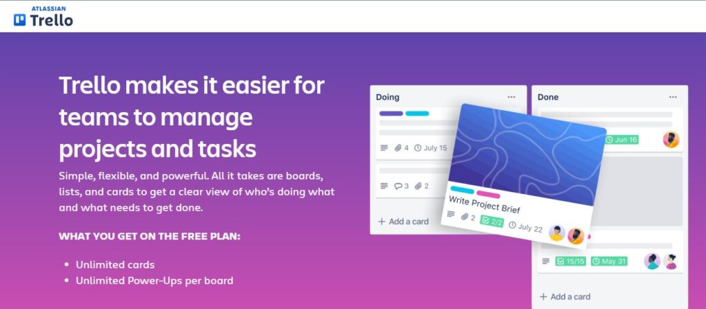 content marketing tools web page of Trello