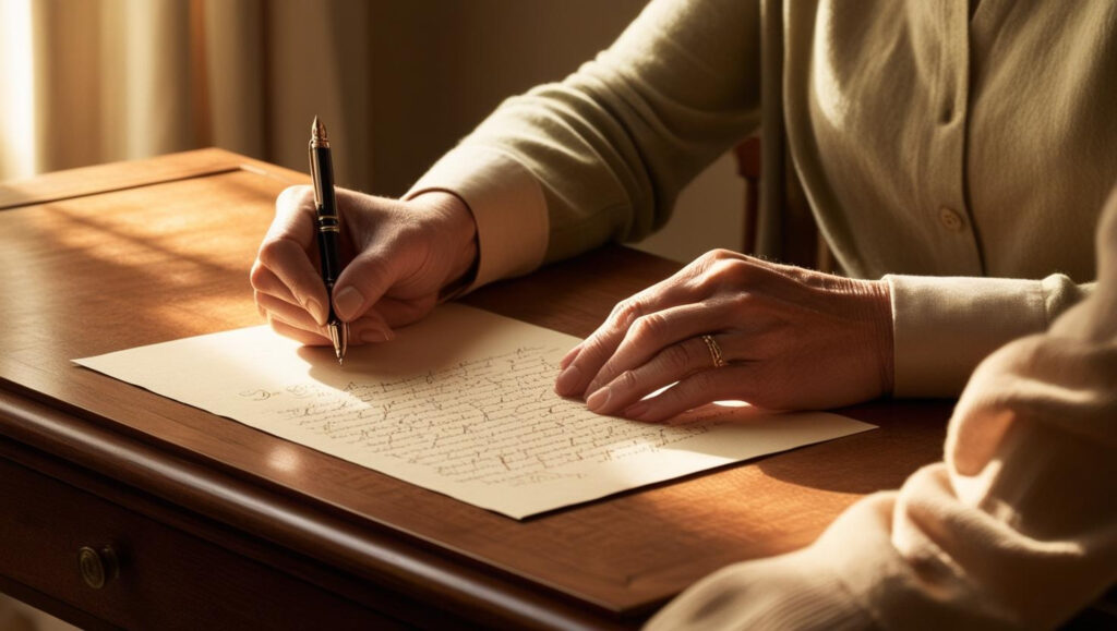 A person writing a letter with a pen in their right hand